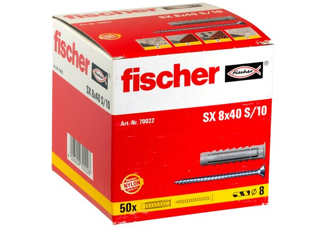 Packaging: "fischer Laajeneva tulppa SX 8 x 40 with rim and screw"
