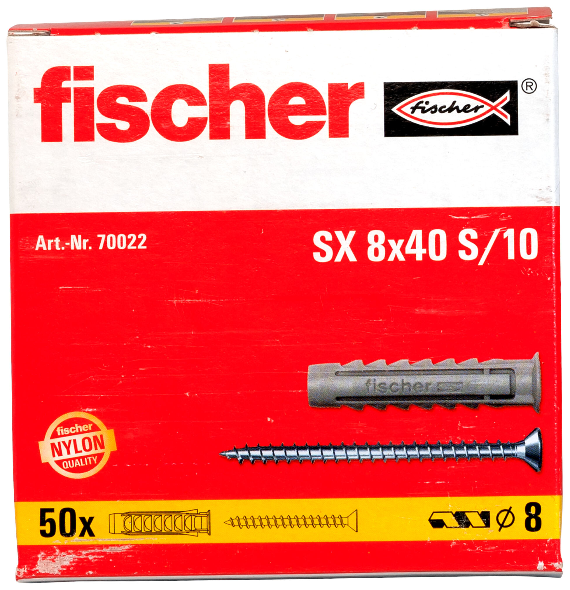 Packaging: "fischer Expansion plug SX 8 x 40 with rim and screw"