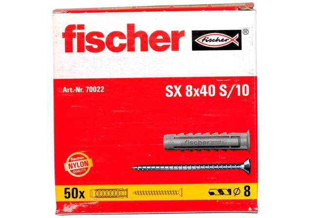 Packaging: "fischer Laajeneva tulppa SX 8 x 40 with rim and screw"