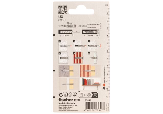 Packaging: "fischer Universal plug UX 8 x 50 K without rim"