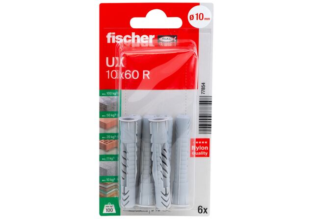 Packaging: "fischer Universal plug UX 10 x 60 R K with rim"