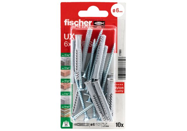 Packaging: "fischer Universal plug UX 6 x 50 RS K with rim and screw"