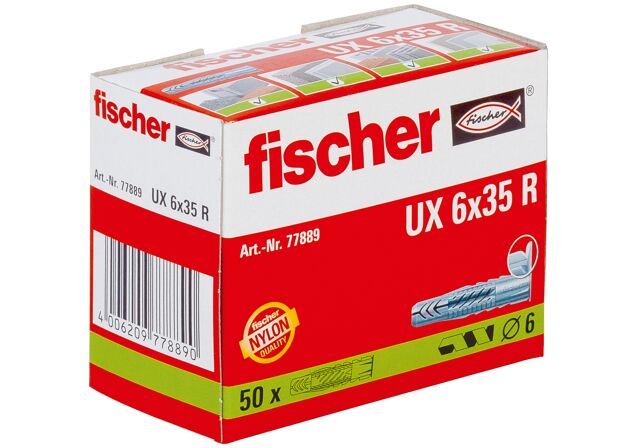 Balení: "fischer univerzální hmoždinka UX 6 x 35 R s límečkem v kartonu"