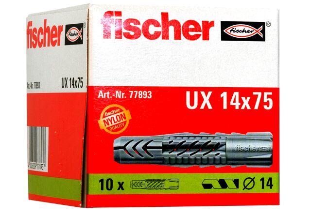 Packaging: "fischer 安全尼龙锚栓UX 14 x 75 in carton"