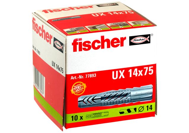 Balení: "fischer univerzální hmoždinka UX 14 x 75 v kartonu"