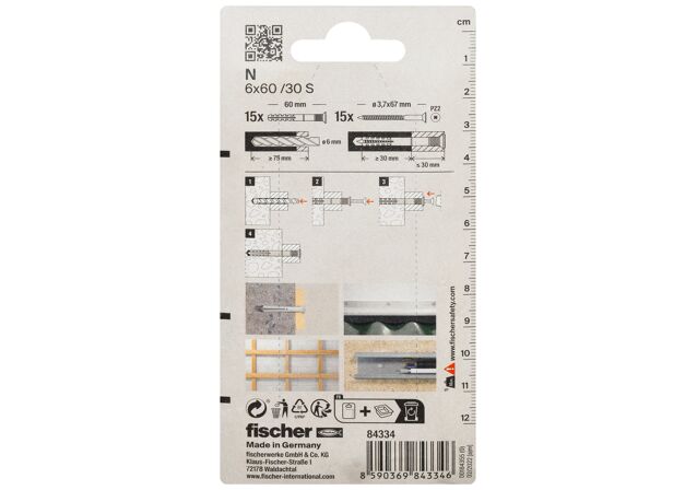 Packaging: "fischer Sømplug N 6 x 60/30 S med undersænket hoved gvz SB-kort"