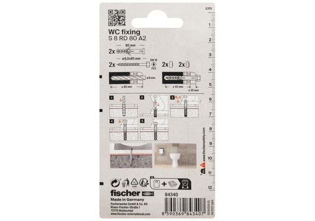 Emballasje: "fischer WC innfesting S 8 RD 80 K blisterkort (NOBB 49137832)"