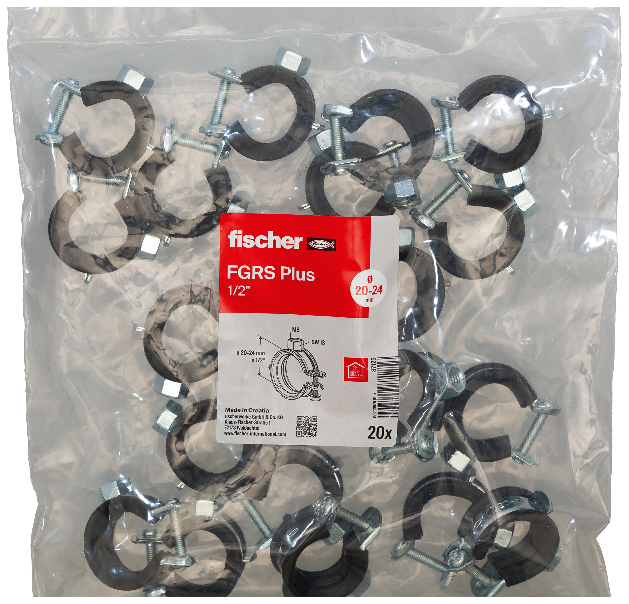 Packaging: "fischer Hinged pipe clamp FGRS Plus 1/2" BG"