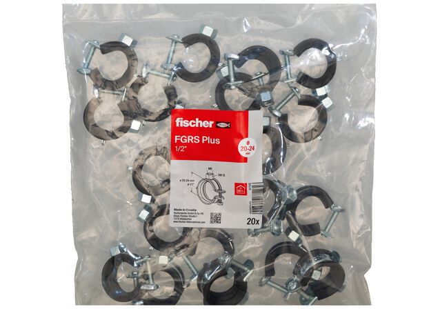 Packaging: "fischer Hinged pipe clamp FGRS Plus 1/2" BG"