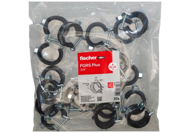 Packaging: "fischer Hinged pipe clamp FGRS Plus 3/4" BG"