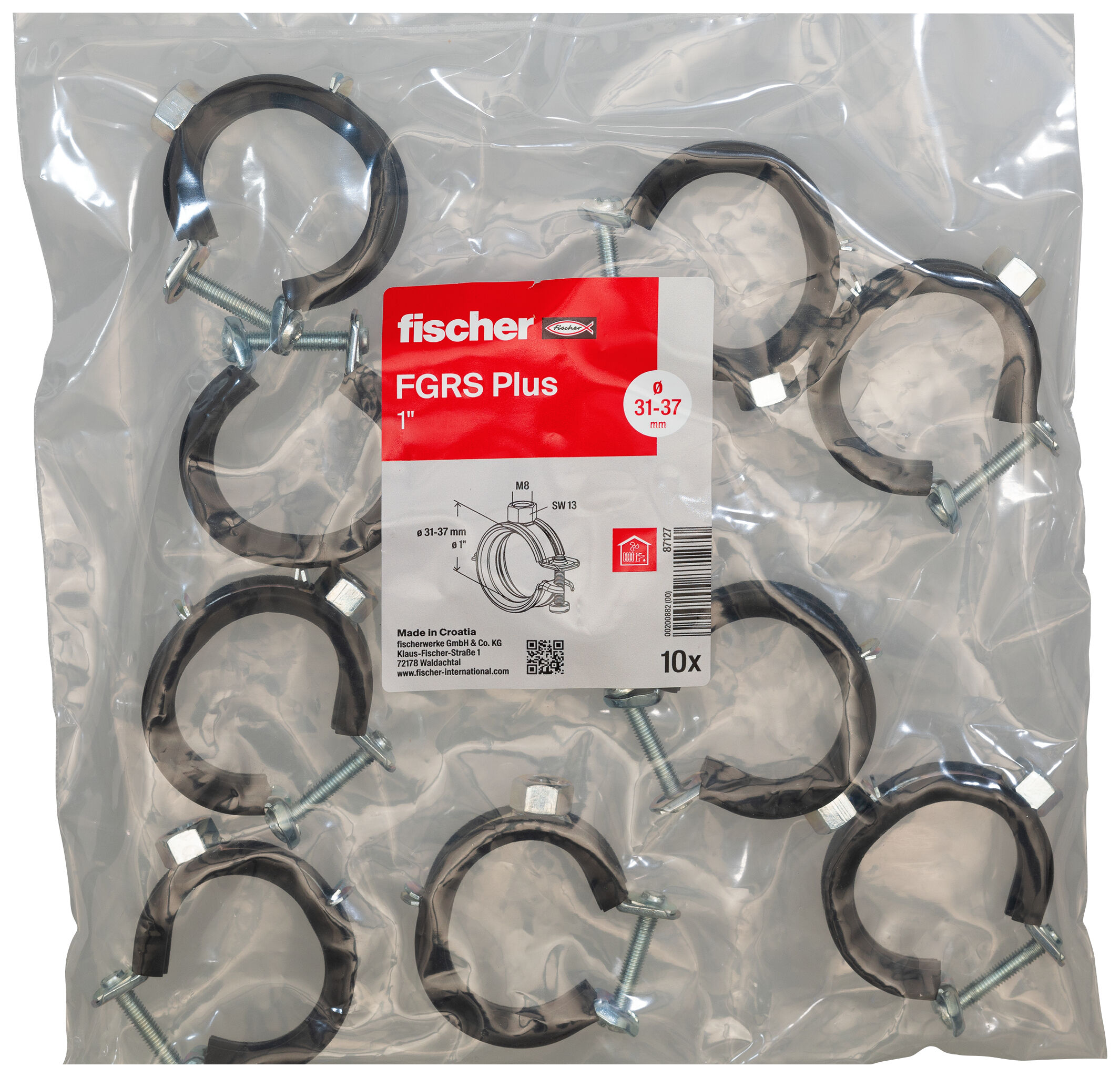 Packaging: "fischer Hinged pipe clamp FGRS Plus 1" BG"