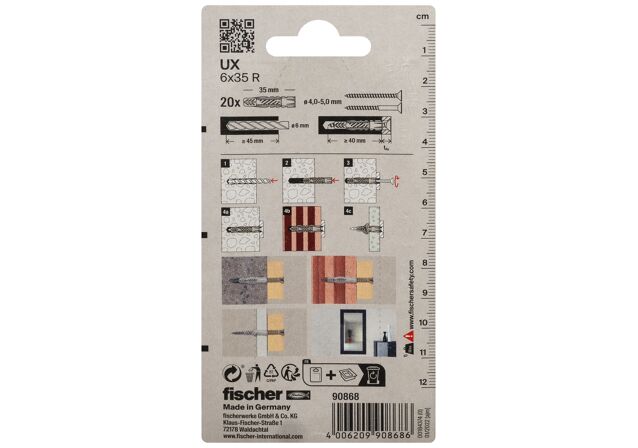 Packaging: "fischer Universal plug UX 6 x 35 R with rim"