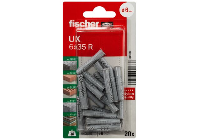 Packaging: "fischer Universal plug UX 6 x 35 R with rim"
