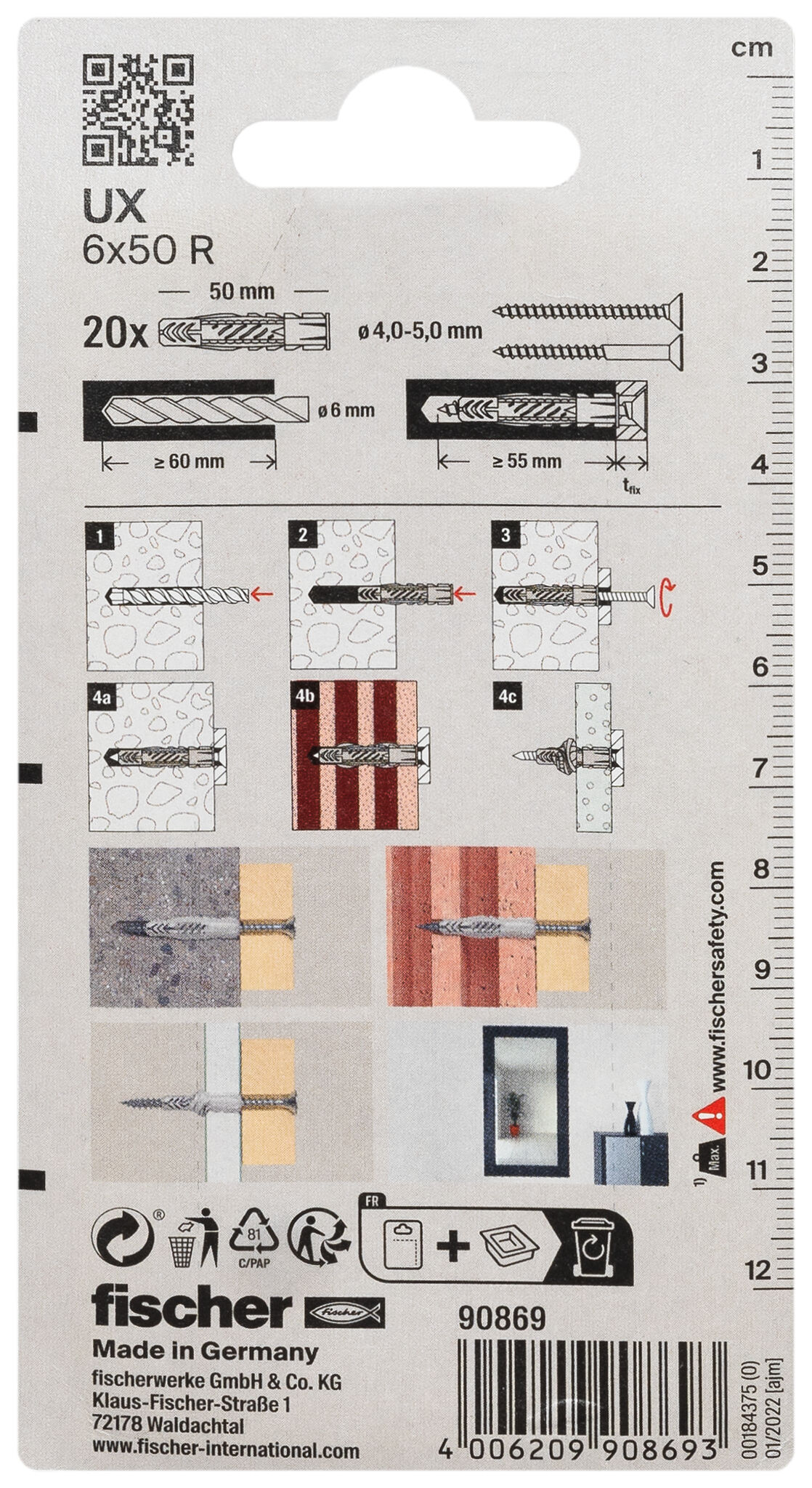 Packaging: "fischer Universal plug UX 6 x 50 R with rim"