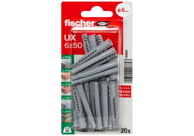 Packaging: "fischer Universal plug UX 6 x 50 R with rim"