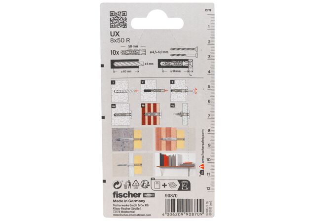 Packaging: "fischer Universal plug UX 8 x 50 R with rim"