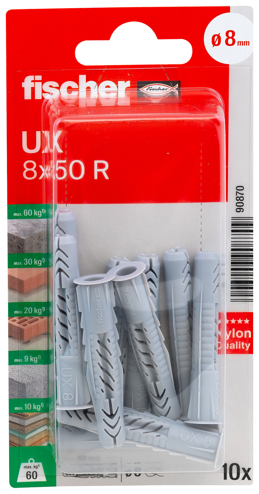 Packaging: "fischer Universal plug UX 8 x 50 R with rim"