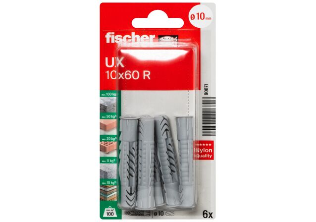Packaging: "fischer Universal plug UX 10 x 60 R with rim"