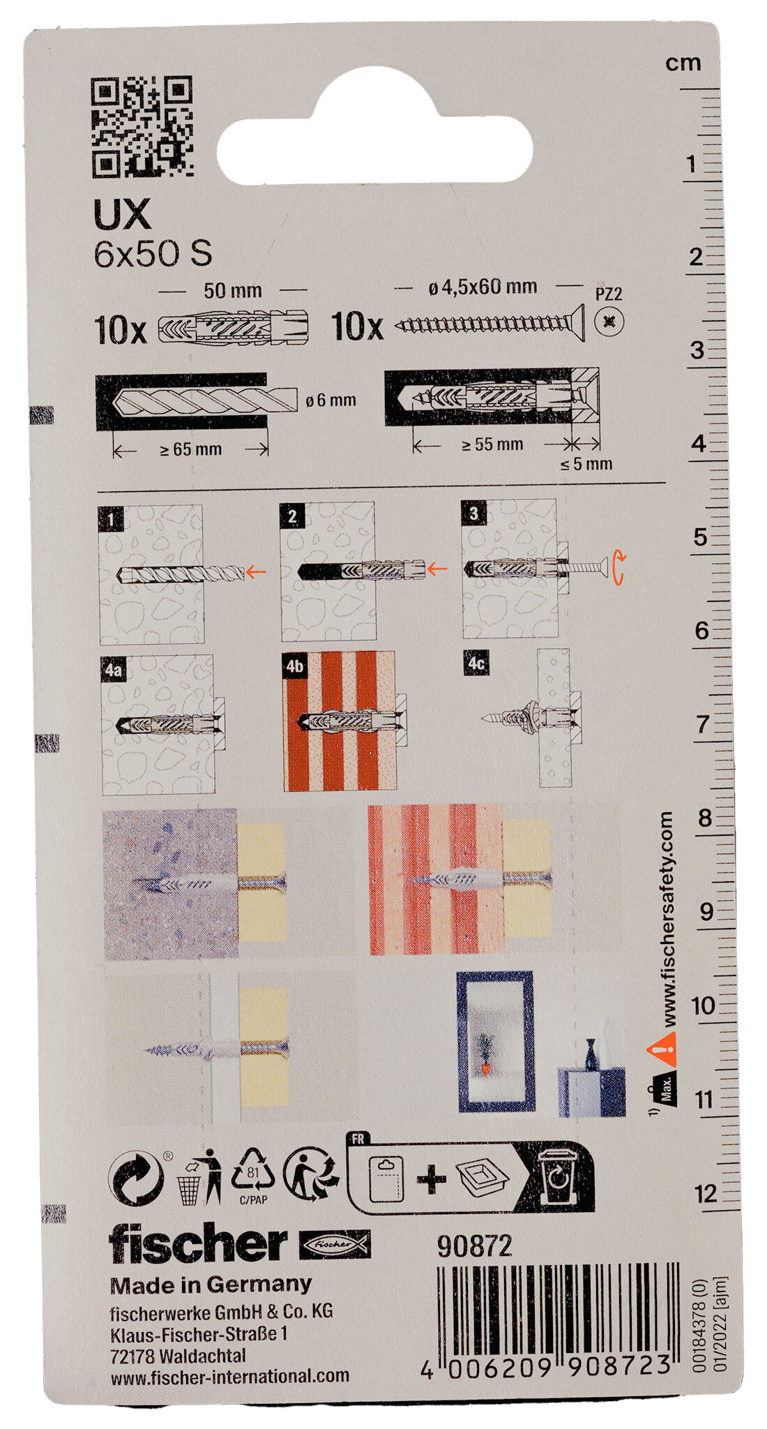 Packaging: "fischer Universal plug UX 6 x 50 S with screw"