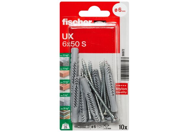 Packaging: "fischer Universal plug UX 6 x 50 S with screw"