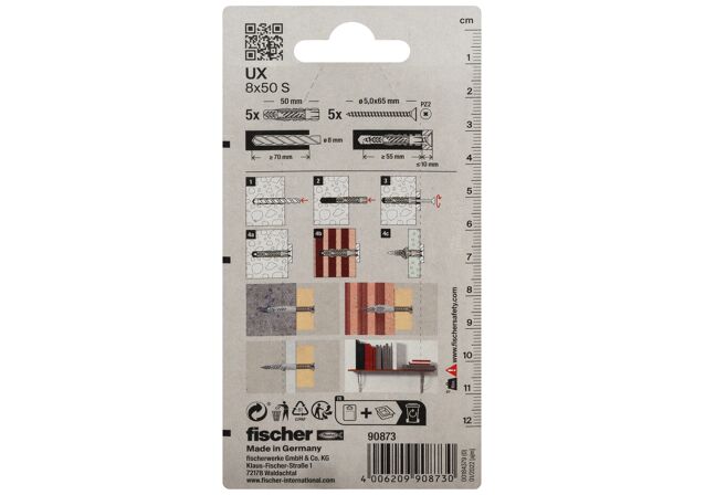 Packaging: "fischer Universal plug UX 8 x 50 S with screw"
