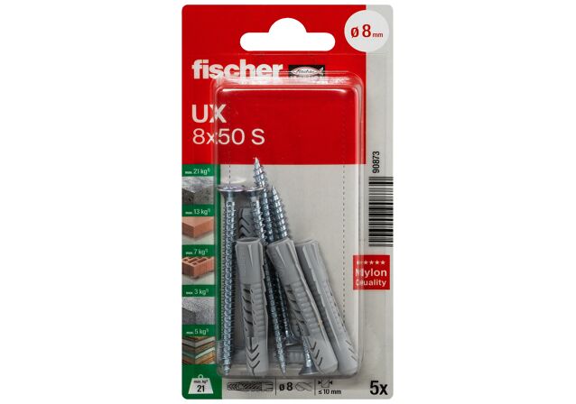 Packaging: "fischer Universal plug UX 8 x 50 S with screw"