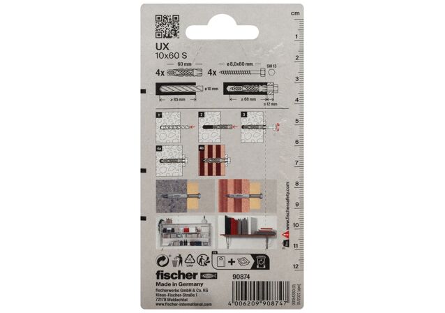Packaging: "fischer Universal plug UX 10 x 60 S with screw"