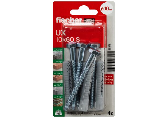 Packaging: "fischer Universal plug UX 10 x 60 S with screw"