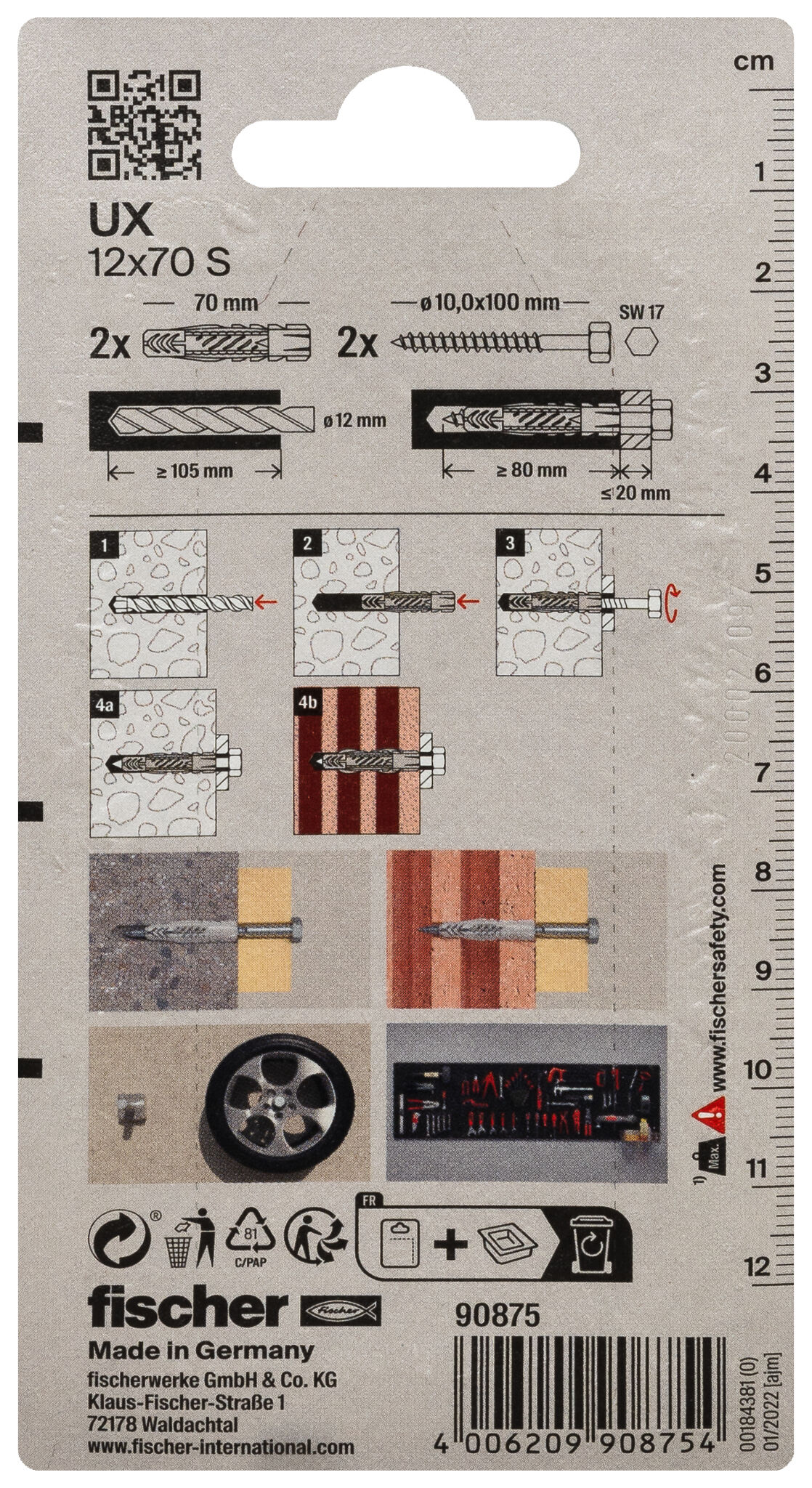 Packaging: "fischer Universal plug UX 12 x 70 S with screw"