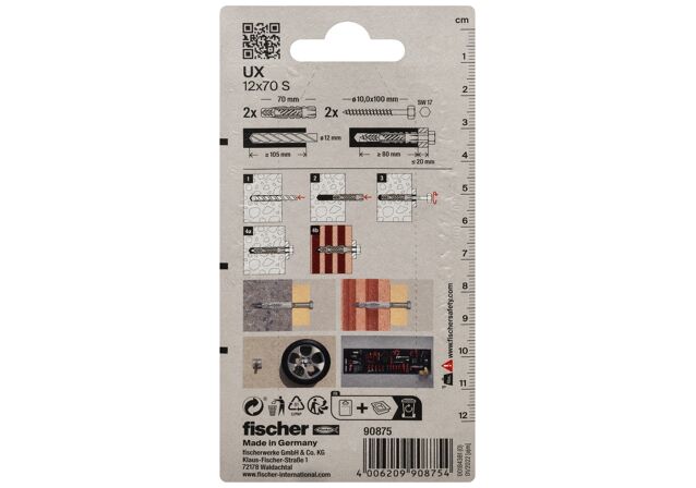 Packaging: "fischer Universal plug UX 12 x 70 S with screw"