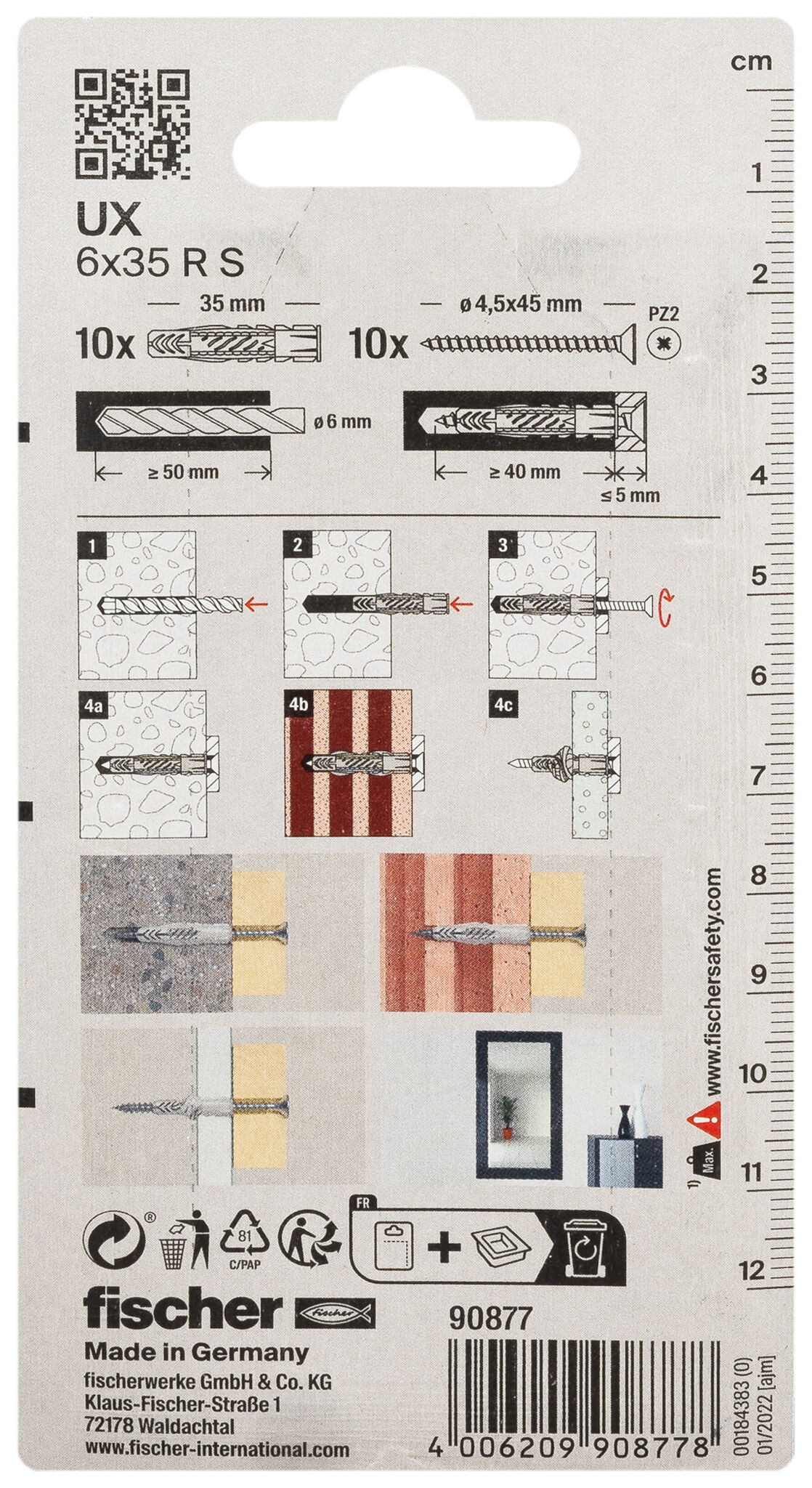 Packaging: "fischer Universal plug UX 6 x 35 R with rim and screw"