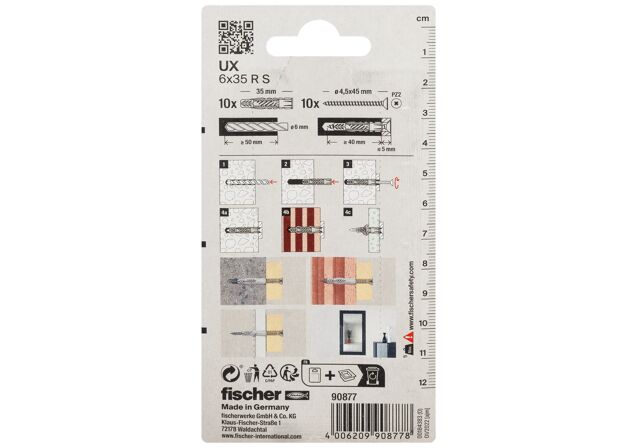 Packaging: "fischer Universal plug UX 6 x 35 R with rim and screw"