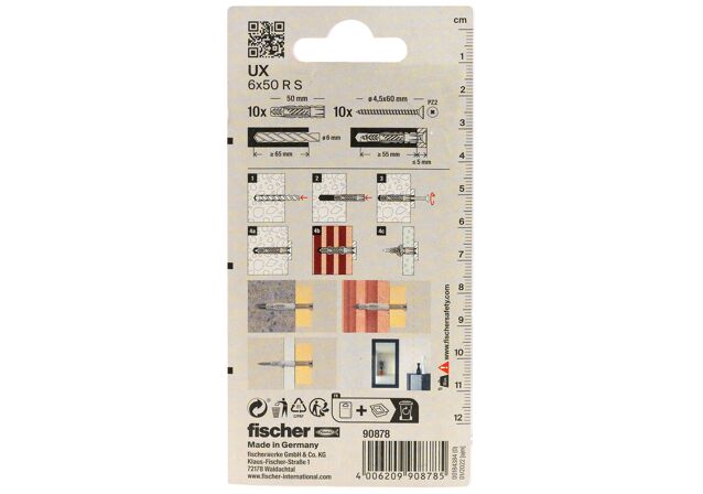 Packaging: "fischer Universal plug UX 6 x 50 R with rim and screw"