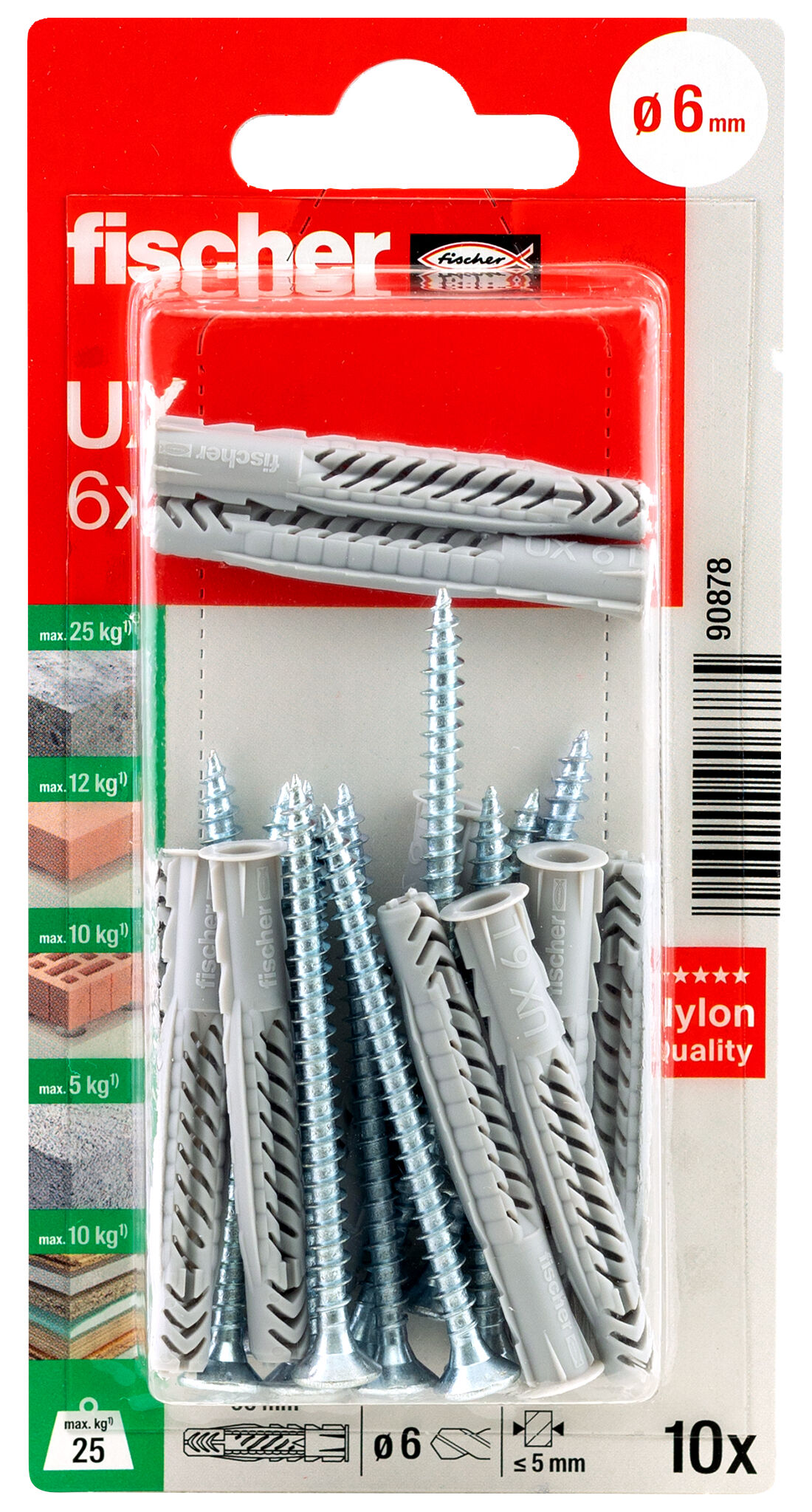 Packaging: "fischer Universal plug UX 6 x 50 R with rim and screw"