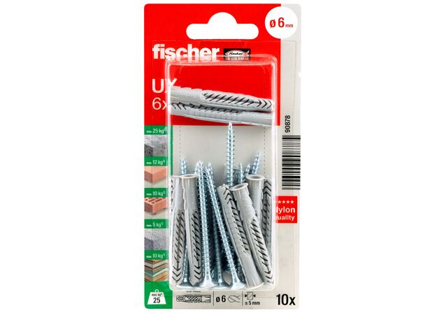 Packaging: "fischer Universal plug UX 6 x 50 R with rim and screw"