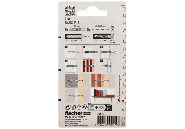 Packaging: "fischer Tampão universal UX 8 x 50 R com rebordo and screw"