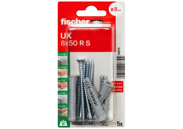 Packaging: "fischer Universal plug UX 8 x 50 R with rim and screw"