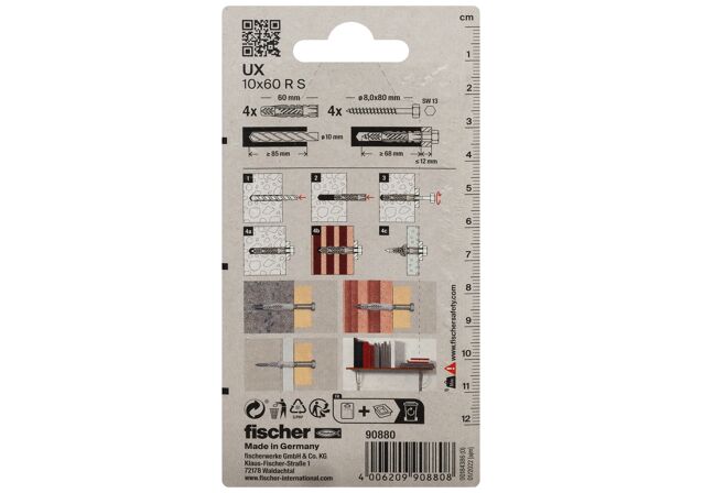 Packaging: "fischer Universalplug UX 10 x 60 R med krave og tilhørende skrue"