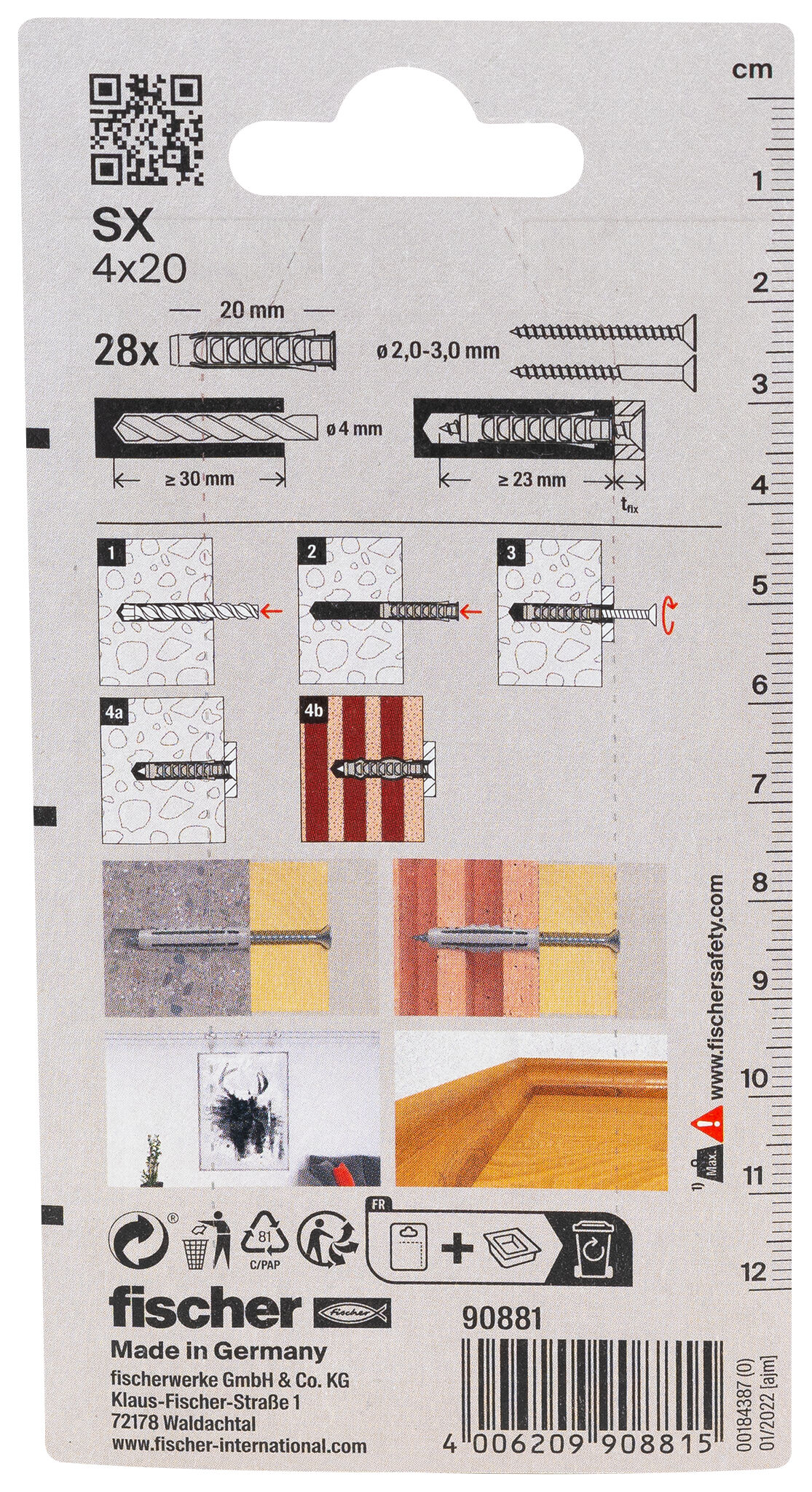 Packaging: "fischer Expansion plug SX 4 x 20 KP with rim small pack"