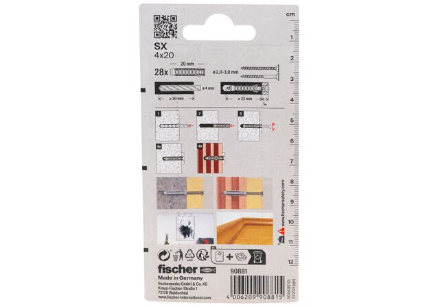 Packaging: "fischer Expansion plug SX 4 x 20 KP with rim small pack"