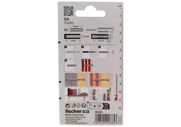 Packaging: "fischer Expansion plug SX 10 x 50 KP with rim small pack"
