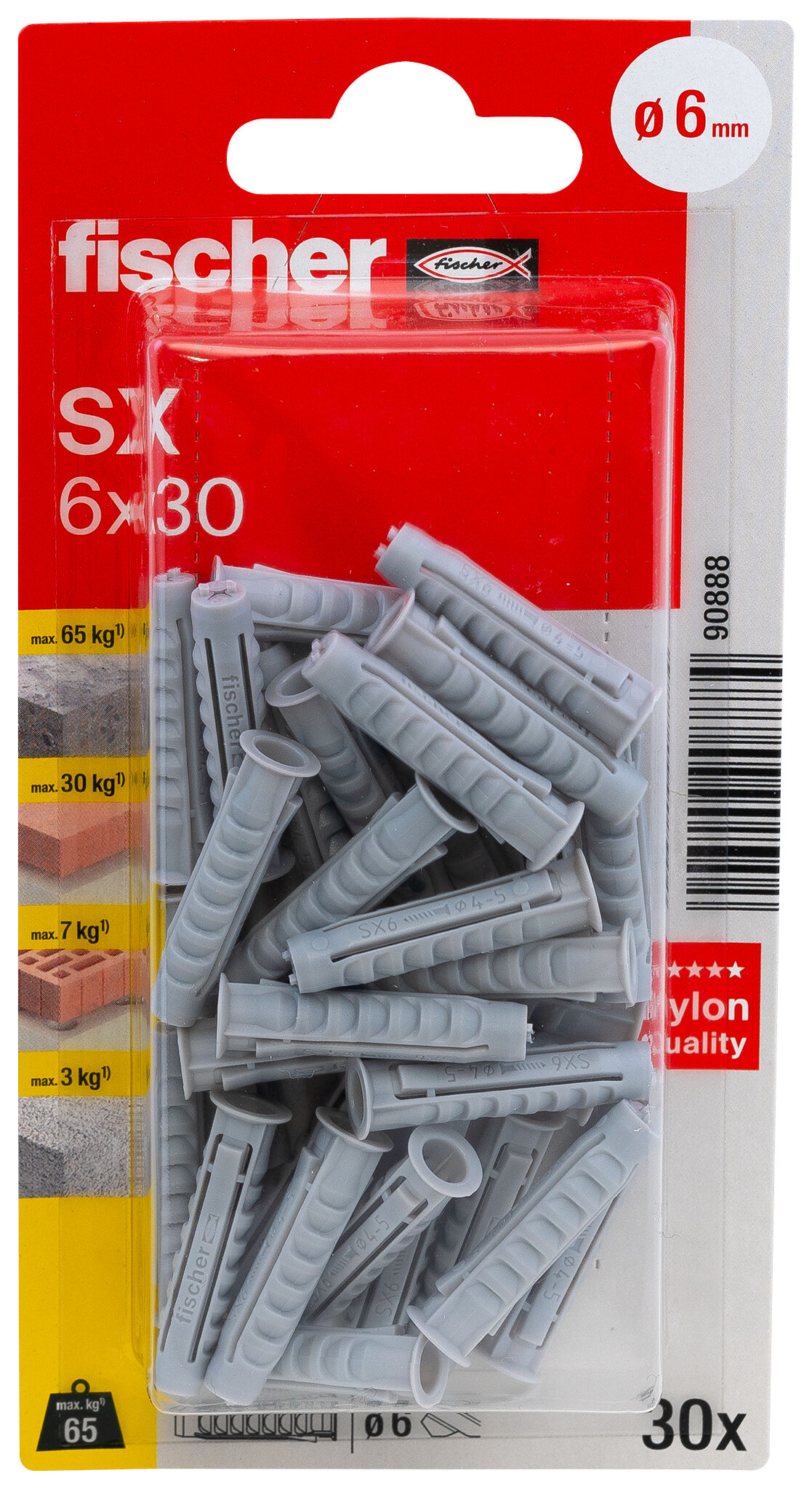 Packaging: "fischer Expansion plug SX 6 x 30 with rim"