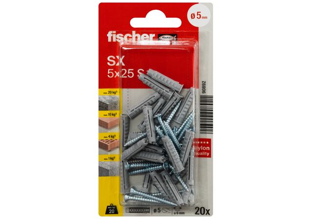Packaging: "fischer Expansion plug SX 5 x 25 S with screw, SB-card"