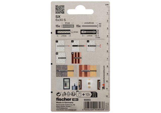 Packaging: "fischer Ekspansionsdybel SX 6 x 30 SK SB-kort"
