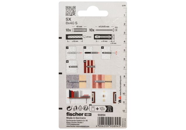 Packaging: "fischer Expansion plug SX 8 x 40 S with screw"