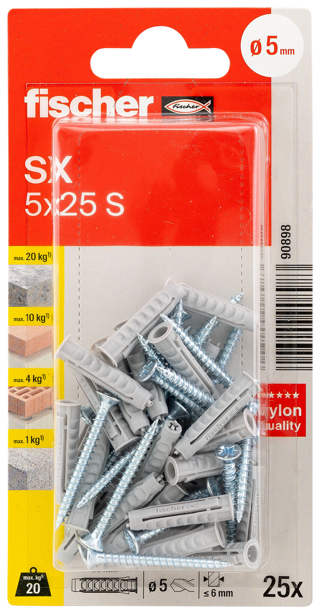 Packaging: "fischer Expansion plug SX 5 x 25 S with screw"