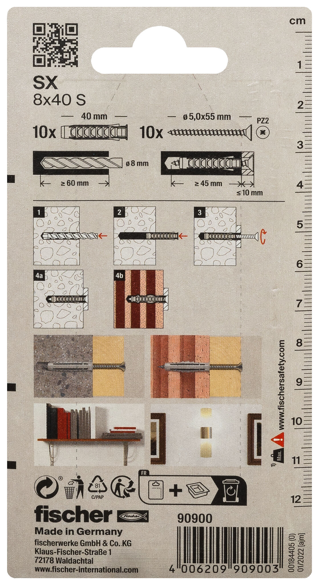 Packaging: "fischer Expansion plug SX 8 x 40 S with screw"