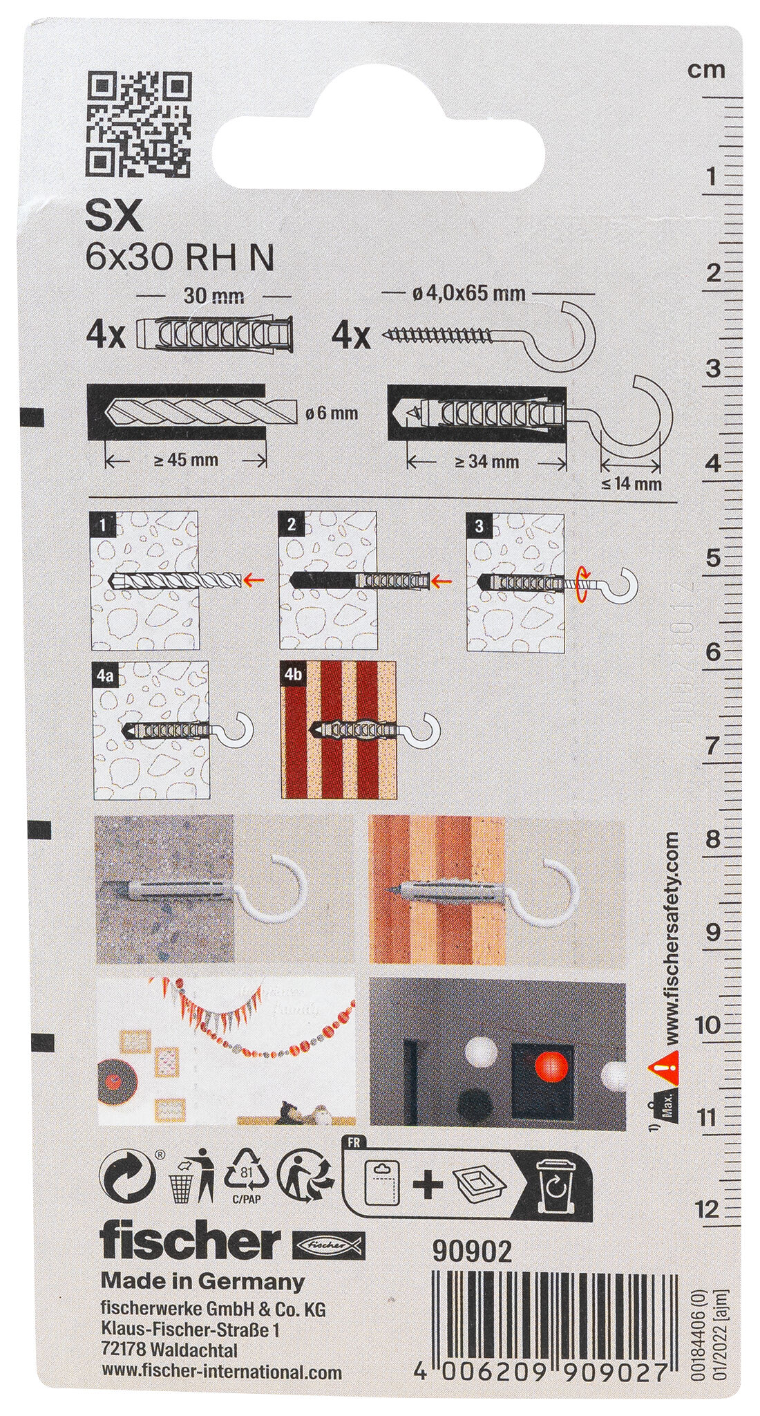 Packaging: "fischer Expansion plug SX 6 x 30 RH with round hook"