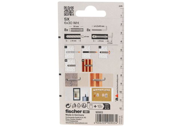 Packaging: "fischer ekspansionsplug SX 6 x 30 H med vinkelkrog K SB-kort."