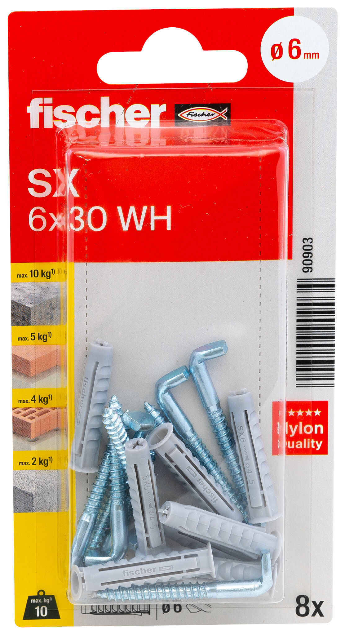 Packaging: "fischer Expansion plug SX 6 x 30 WH with angle hook"